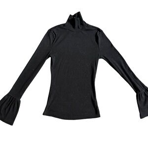 SHEIN BLACK RIBBED LONG SLEEVE FITTED MOCKNECK SWEATER W/ BELL SLEEVES SIZE XS
